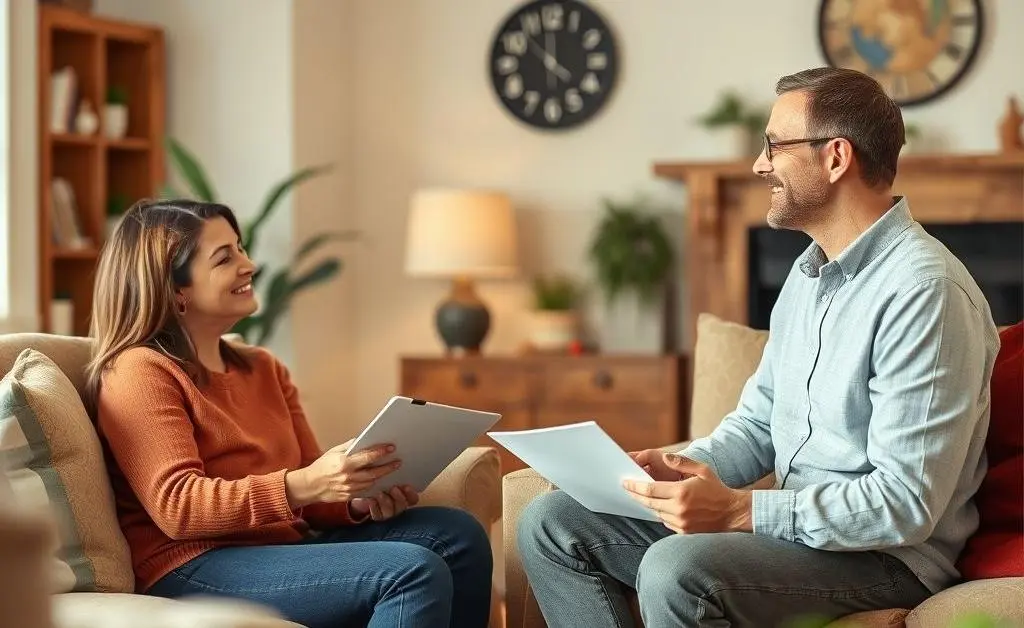 Two friends in a cozy living room setting having a chat about insurance