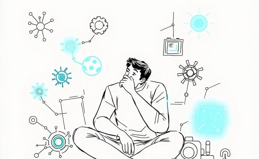 A minimalist illustration of a thoughtful person surrounded by AI symbols, indicating contemplation.
