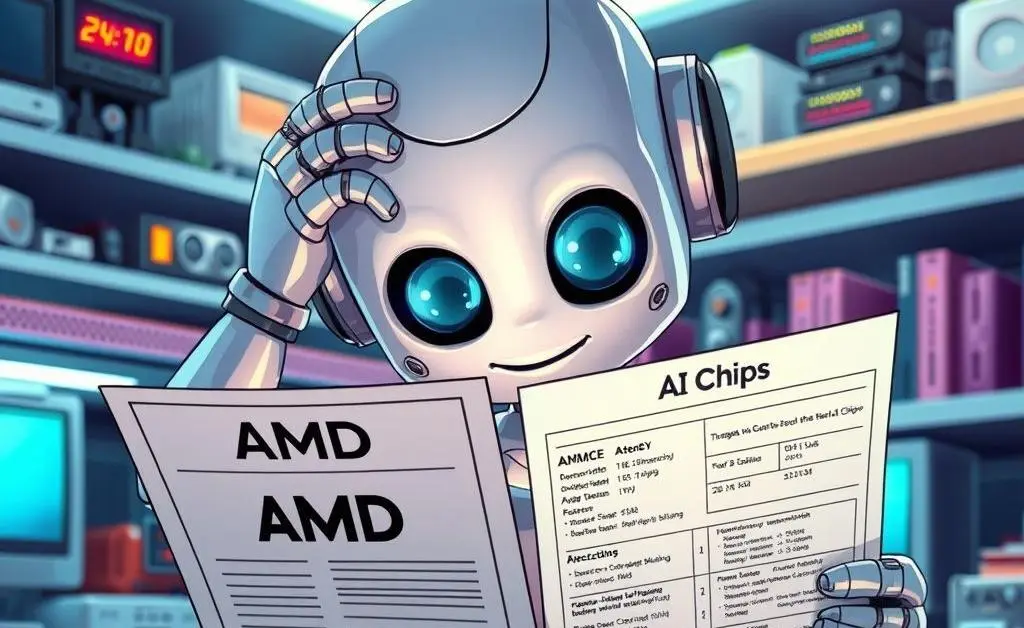 Curious cartoon robot examining AMD AI chip specs