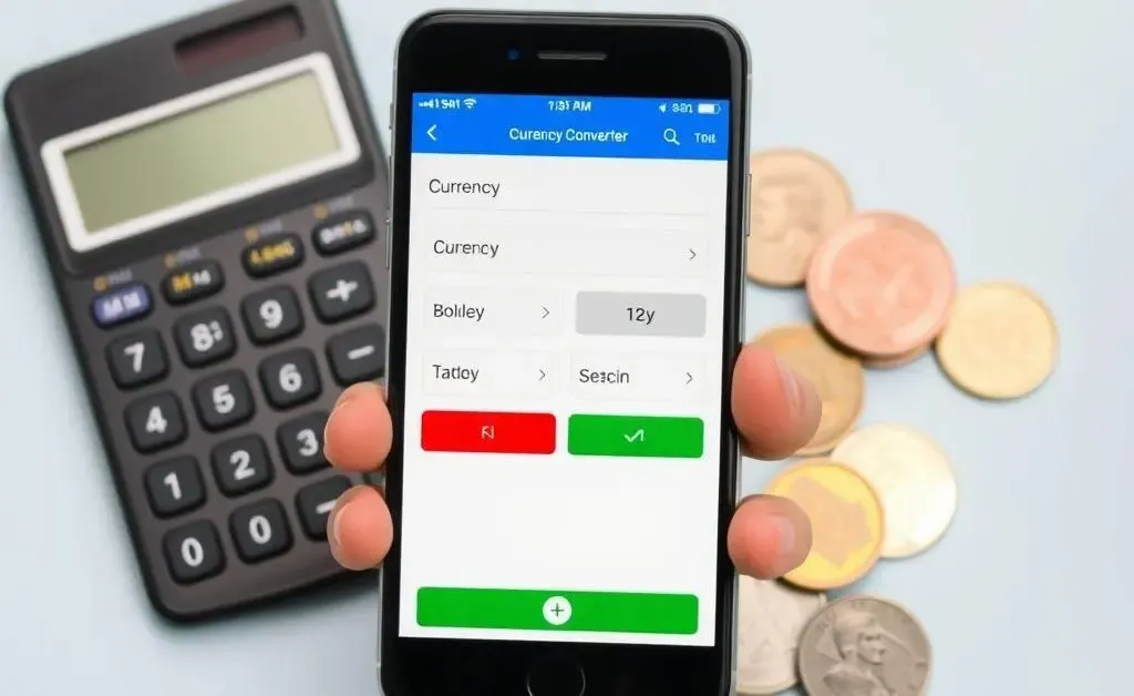 Smartphone with currency converter app alongside calculator and foreign coins