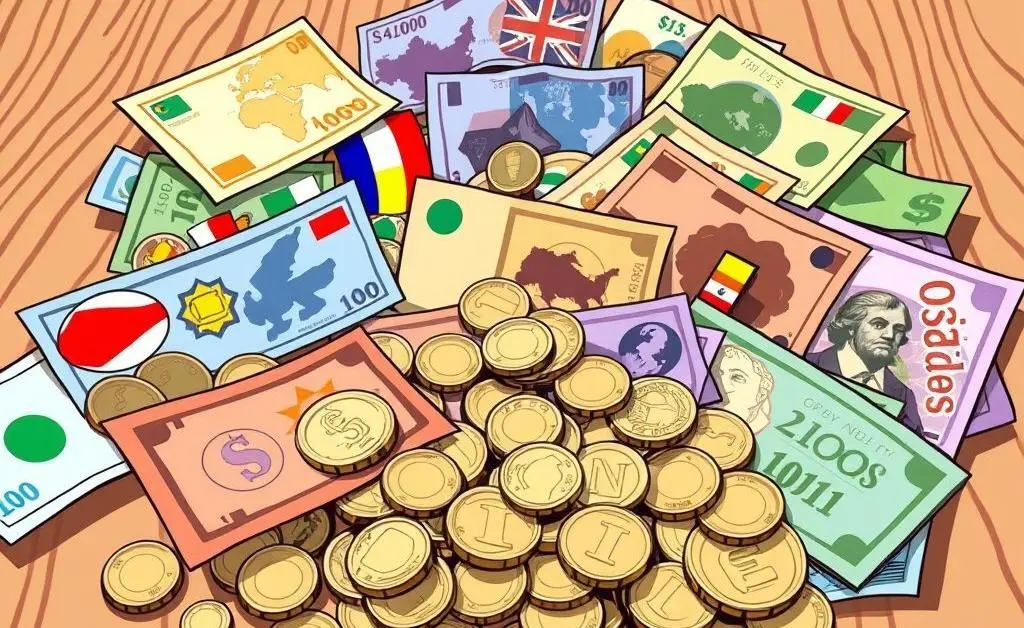 Various currency notes and coins spread out on a table