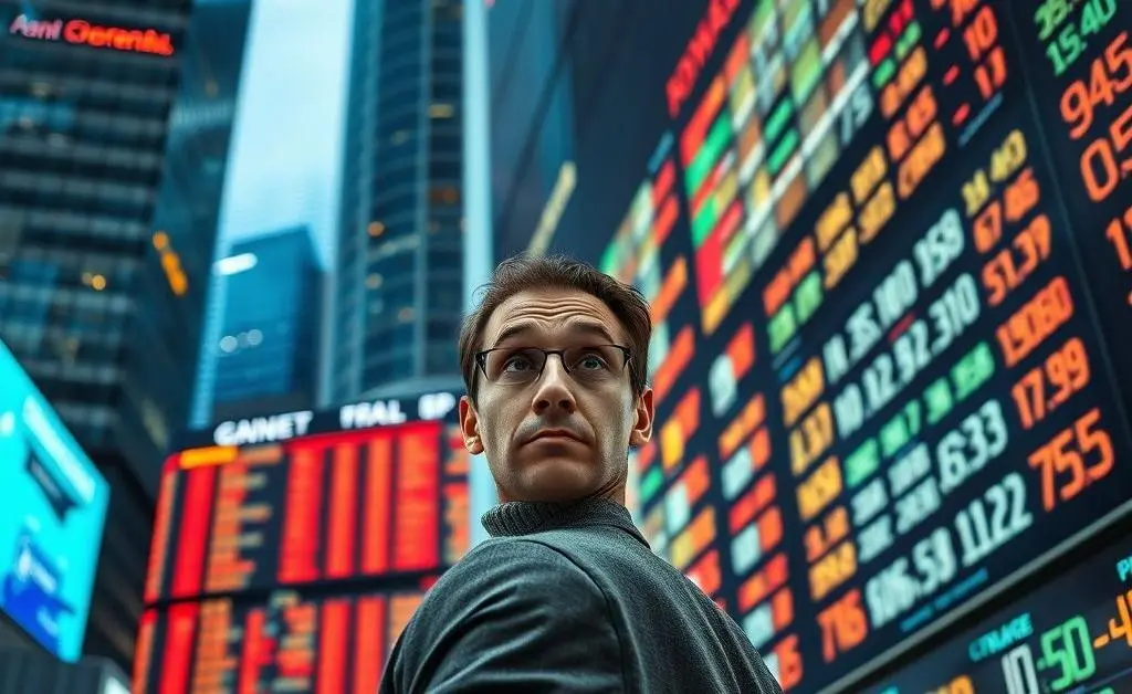 A confused investor looking at a currency exchange board filled with different currencies.