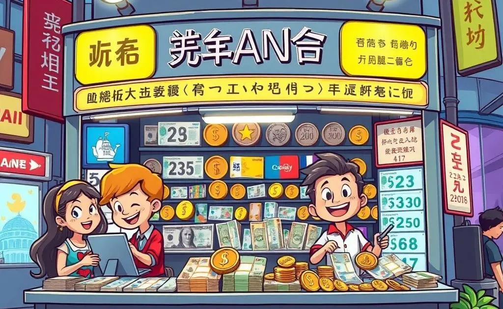 Cartoon-style scene of a currency exchange booth with various currencies prominently displayed.