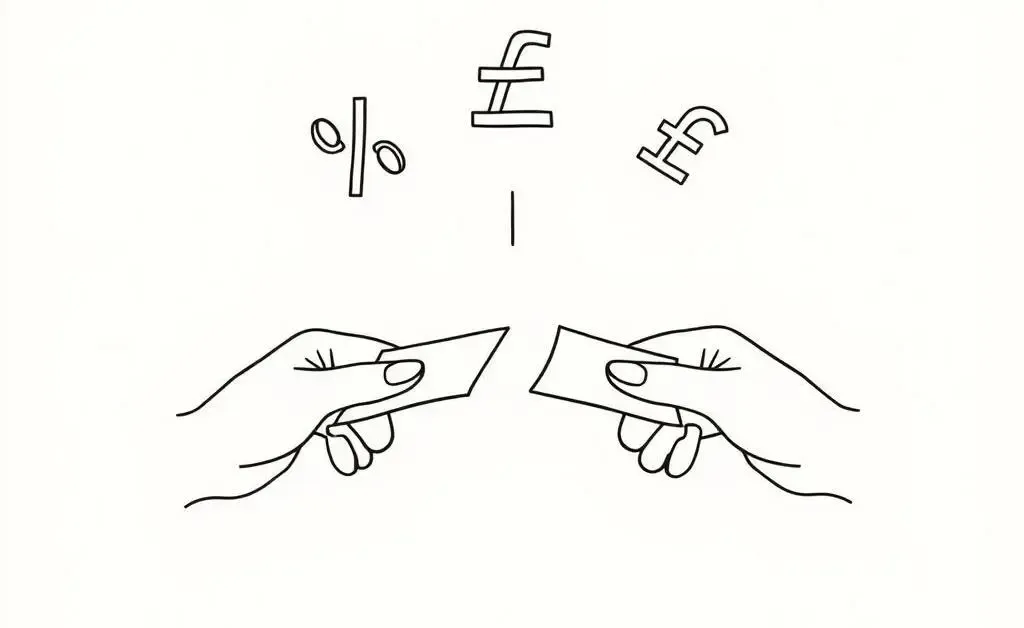 Hands exchanging currency notes with exchange rate signs.