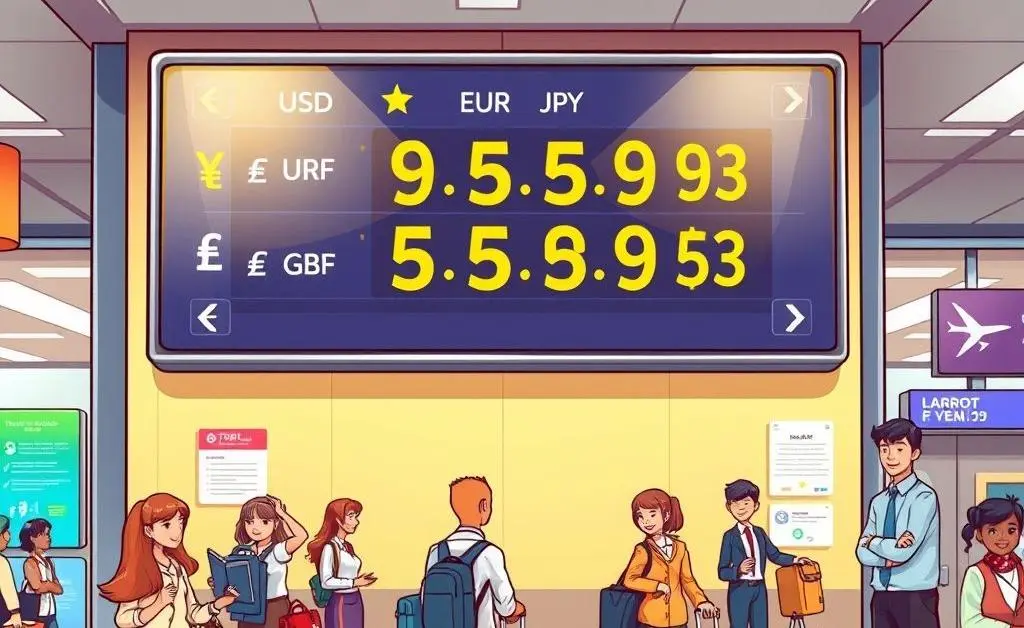 Currency exchange rate board at an airport