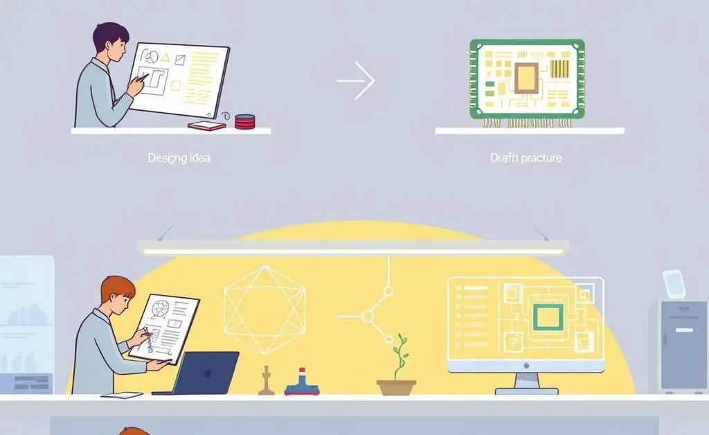A minimalist cartoon image of various stages in designing a high-tech custom chip.