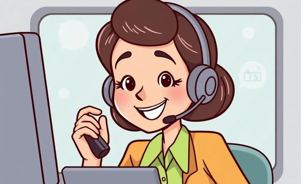 Cartoon of a call center with a smiling agent taking a call.