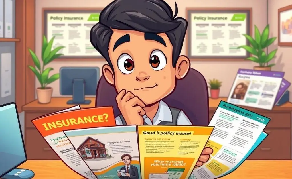 A cartoon of a customer weighing options at a desk with insurance brochures