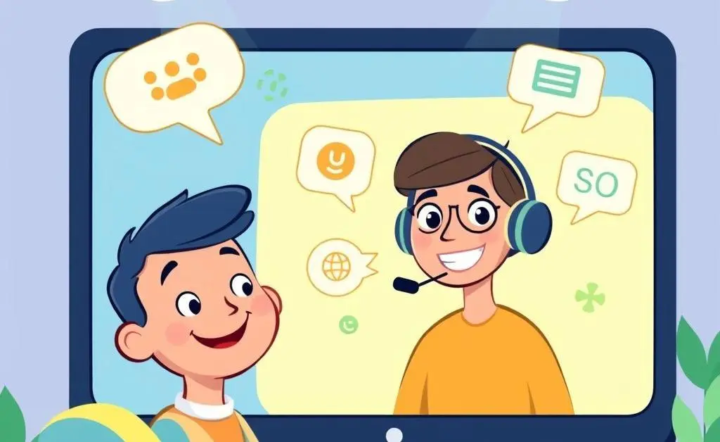 Cartoon representation of a smiling customer interacting with a support agent through a computer screen