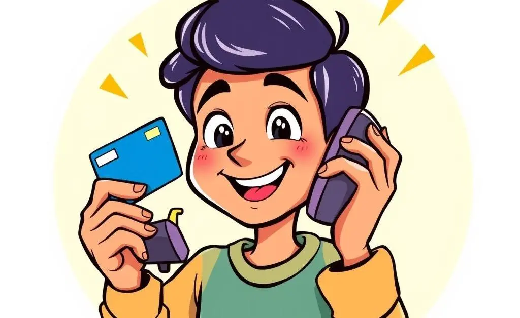 Cartoon-style image of a person talking on the phone with a credit card in their hand