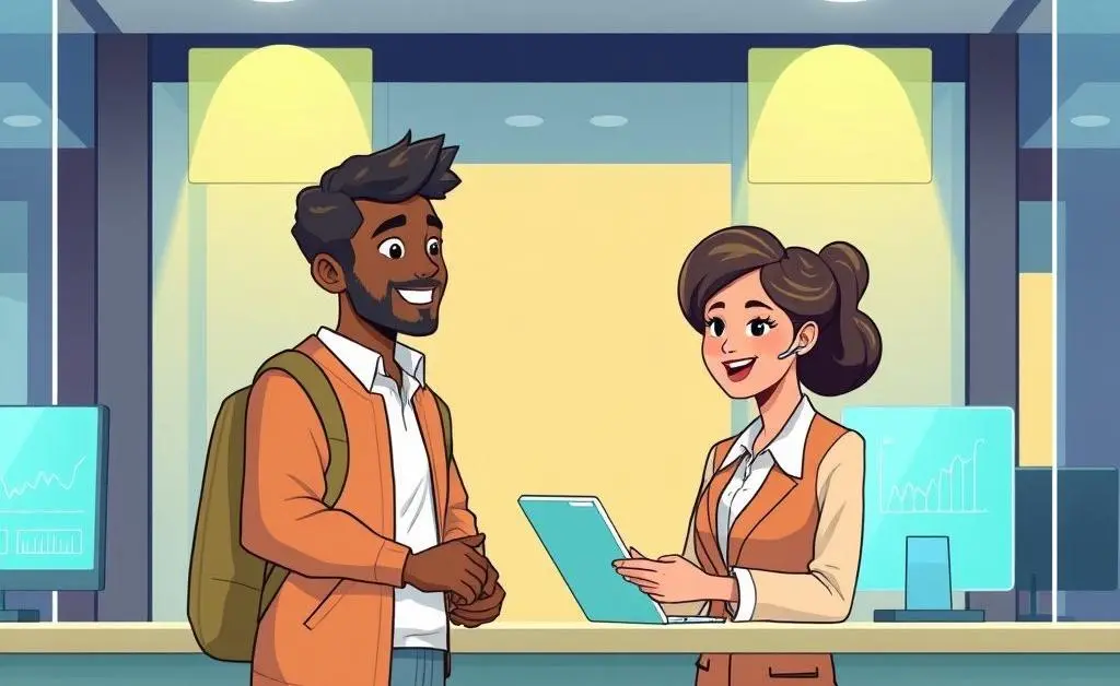 An illustrated customer service interaction between a person and a bank representative