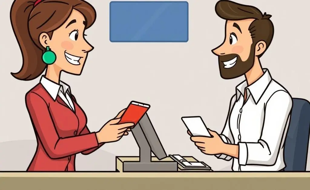 A cartoon customer service scenario at a bank