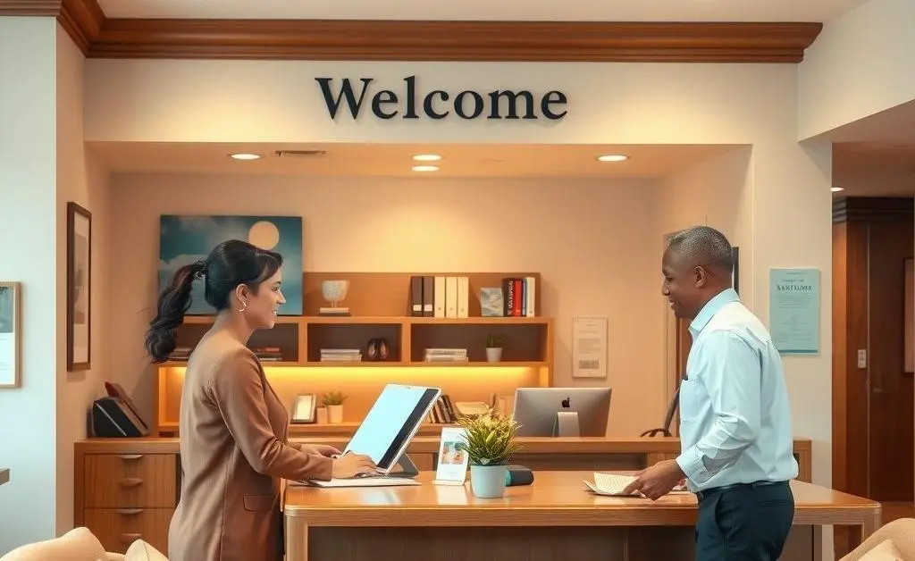 A friendly bank teller helping a customer at the counter in a comfortable setting.