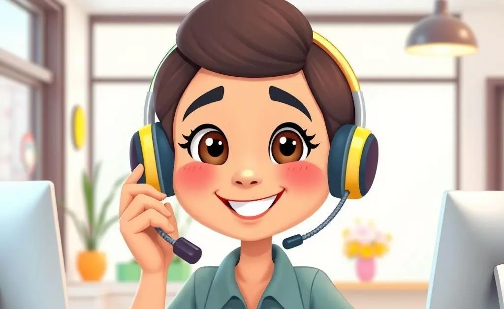 A friendly cartoon customer service representative talking on the phone with a caller.