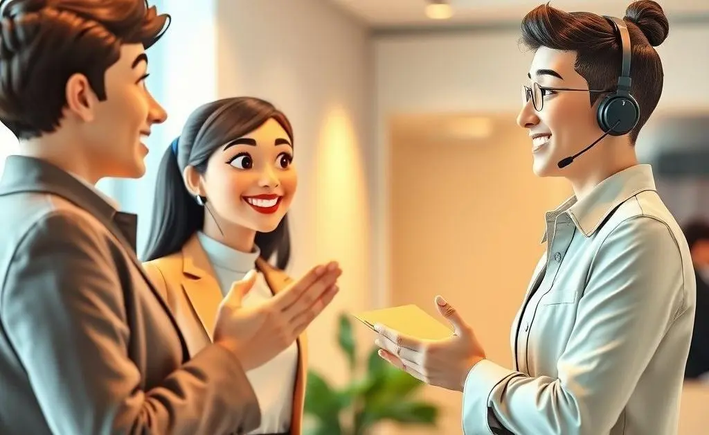 Two characters having a friendly and helpful conversation, representing customer support.