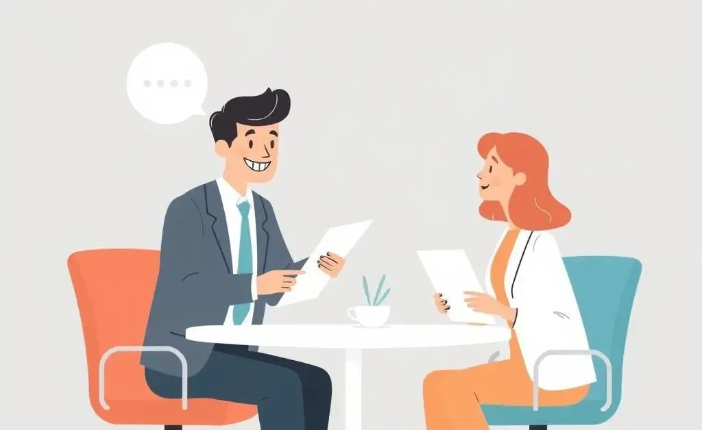 A modern, minimalist illustration of a friendly insurance broker assisting a customer with questions