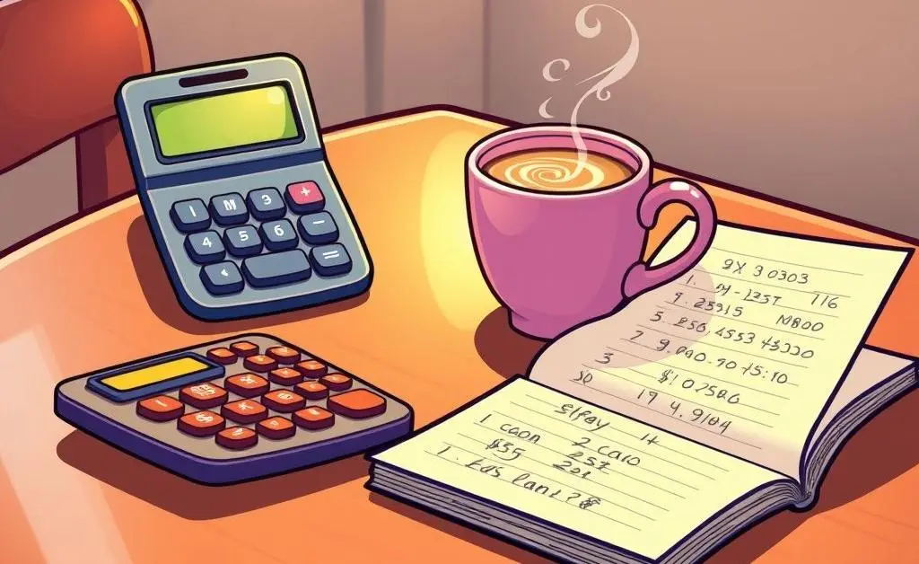 Calculator, coffee cup, and a notebook on a table, symbolizing personal budgeting