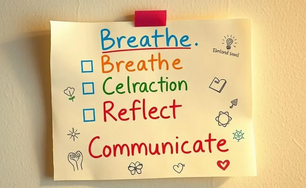 A colorful checklist pinned on a wall with items like 'Breathe', 'Reflect', 'Communicate', symbolizing daily emotional tasks.