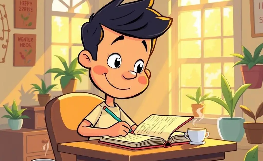Character writing in a daily expense journal in a sunlit room.