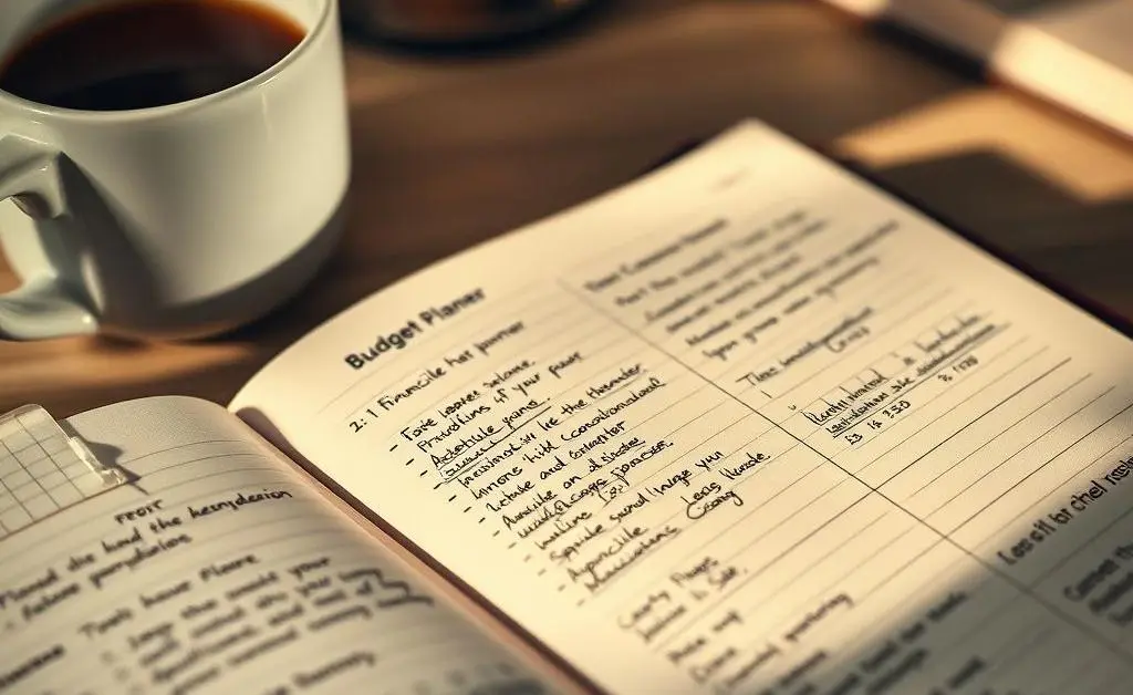 Close-up of a planner with handwritten budget notes and a coffee cup