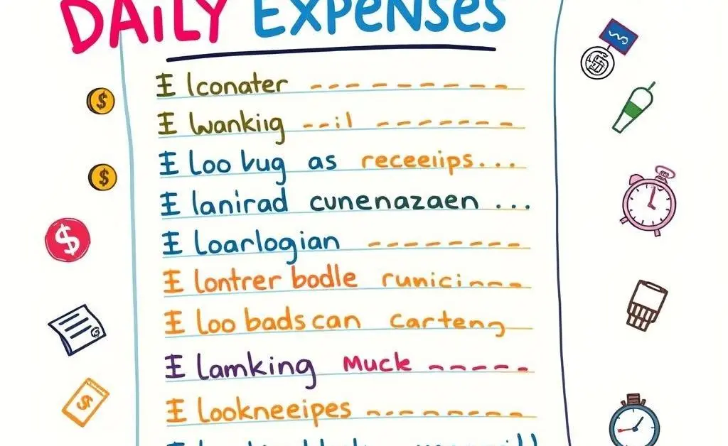 A cartoon-style image of a daily expenses list with little doodles beside each item.