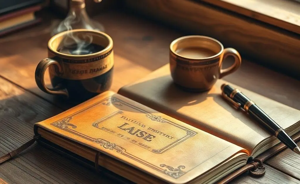 A journal, a coffee cup, and a pen on a wooden desk