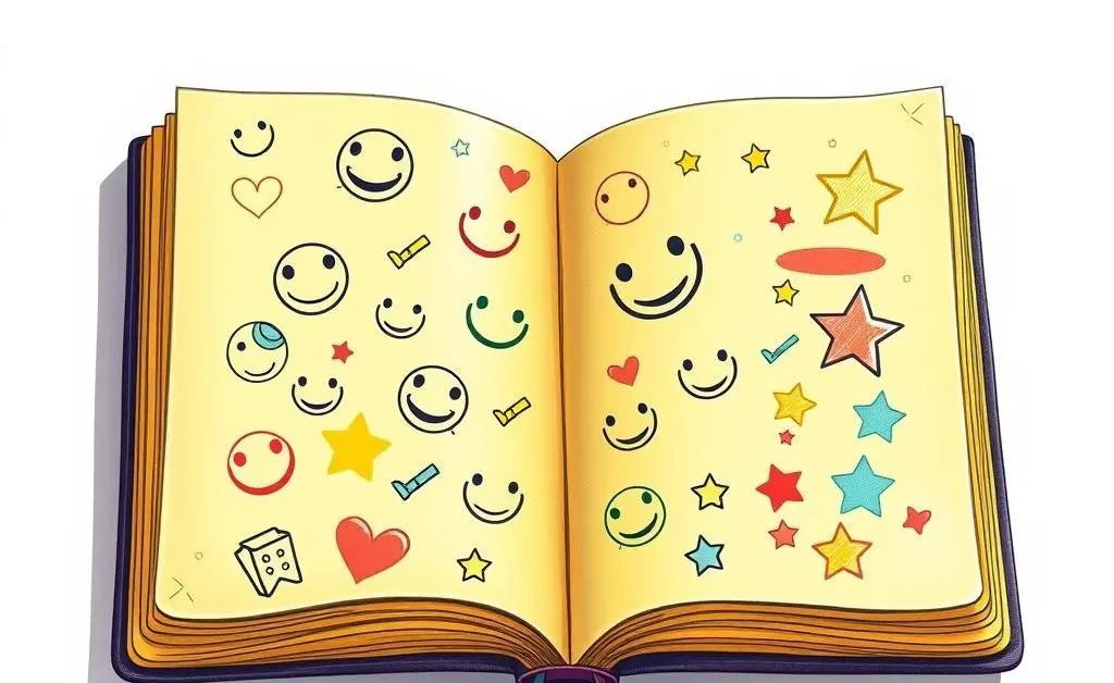 Artistic image of a journal with doodles of smiles, checkmarks, and stars.