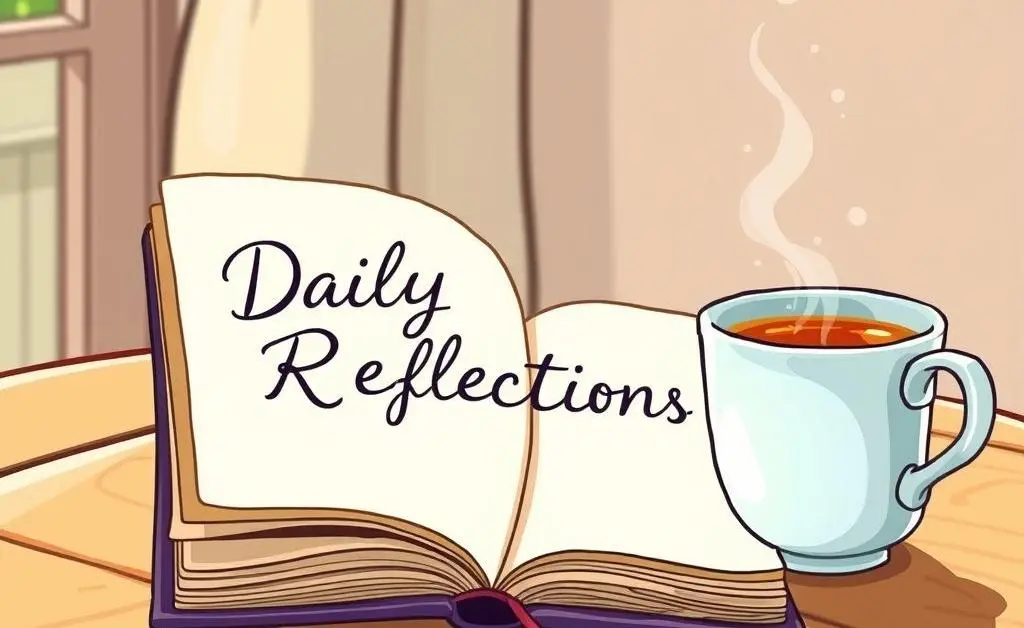 A cartoon-style drawing of a notebook open to daily reflections.