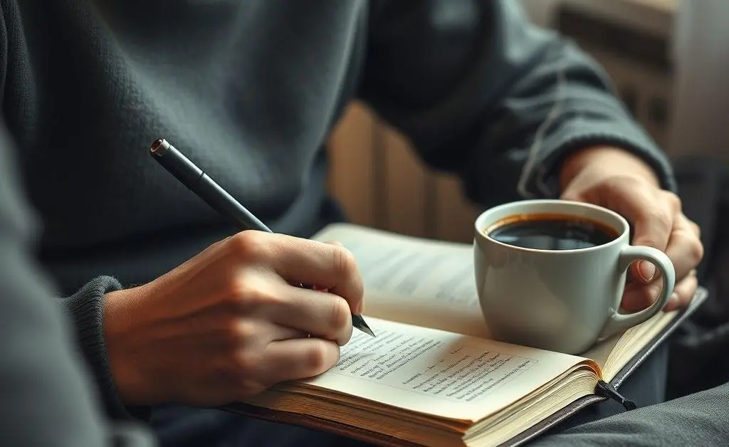A person writing in a journal, with a steaming cup of coffee beside them.