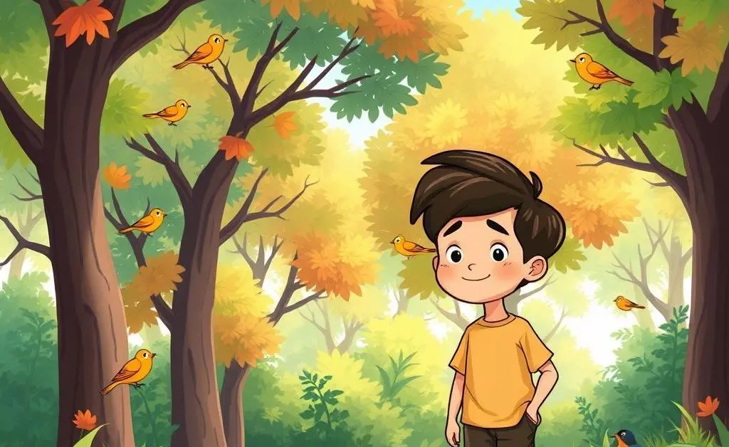 A person walking mindfully in nature, surrounded by trees and birds.