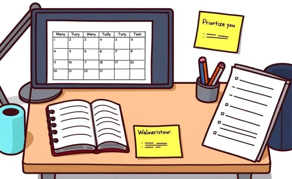 A neat desk setup with a daily planner, laptop, and sticky notes for prioritizing tasks.