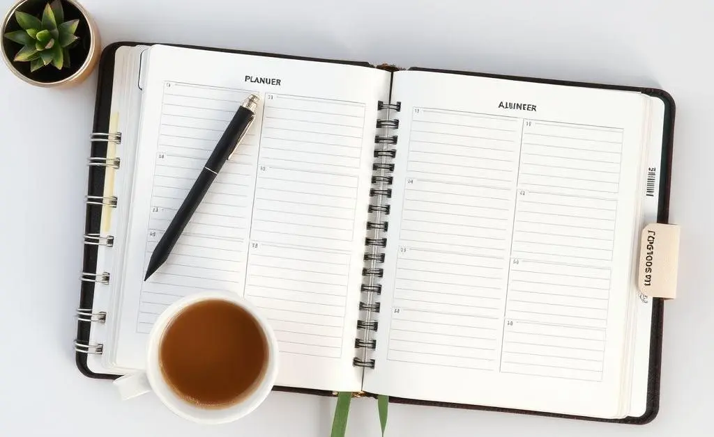 A desk with an open planner and a cup of coffee