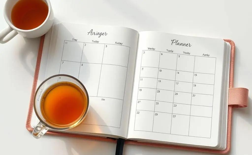 An open daily planner with a cup of tea beside it on a clean table