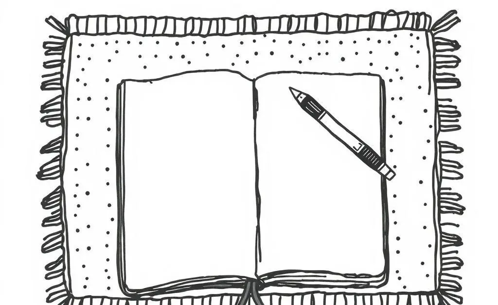 A hand-drawn image of a journal, pen, and a cozy rug setup for daily reflection.