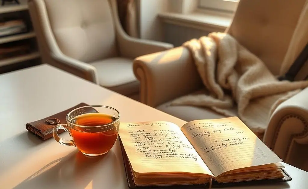 Tidy desk with a cup of tea, a notebook, and a cozy chair by a window.