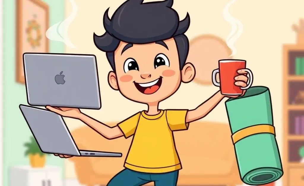 A cartoon person juggling a laptop, a coffee cup, and a yoga mat, representing daily routine balance
