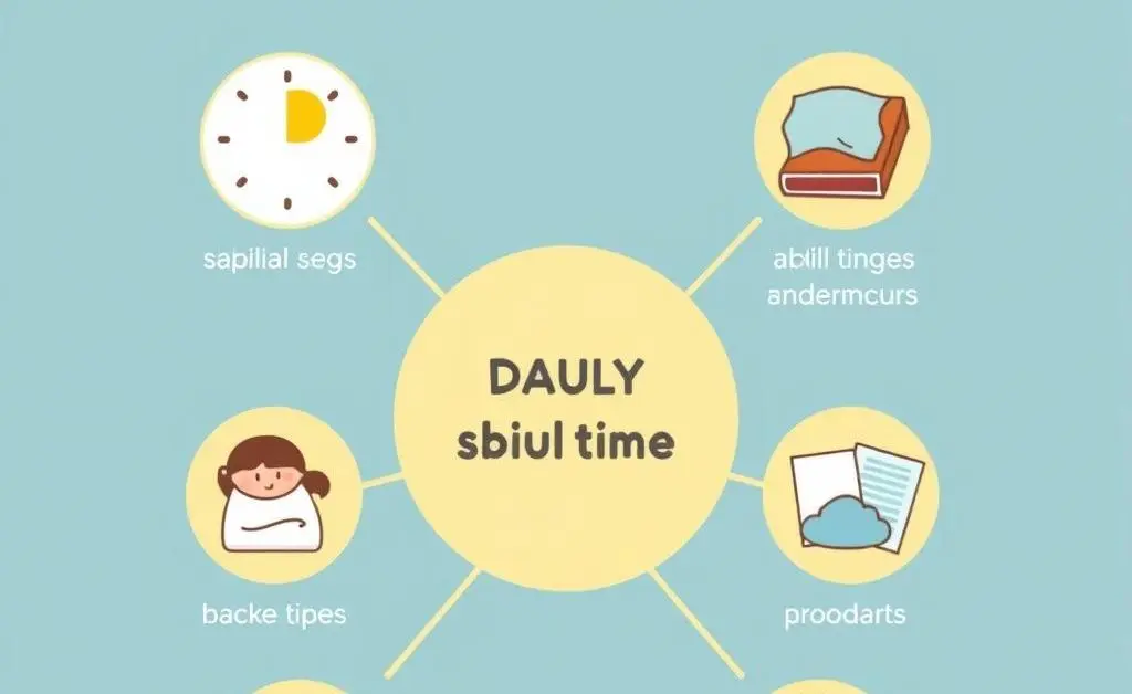 A cartoon-style infographic showing a simple, balanced daily routine.