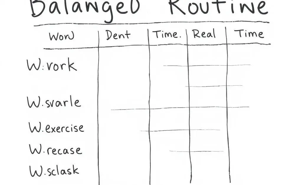 A hand-drawn style chart outlining a balanced daily routine with time blocks for work, exercise, and relaxation.