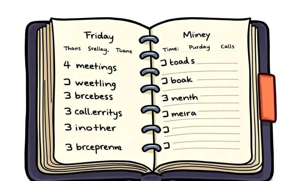 A planner with a daily schedule open to show meetings and calls