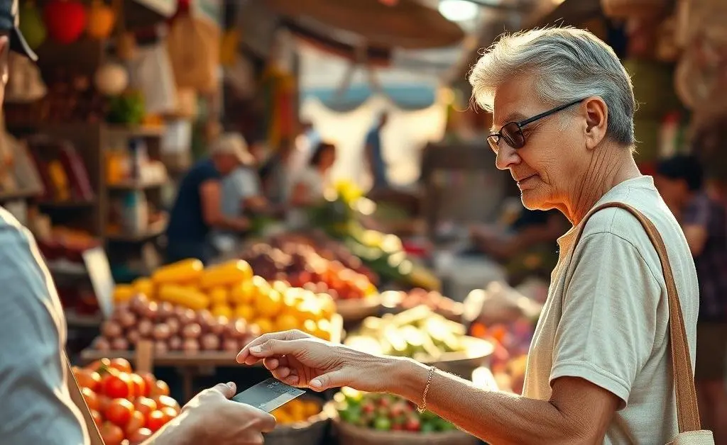 A person making daily purchases with a credit card at a local market.
