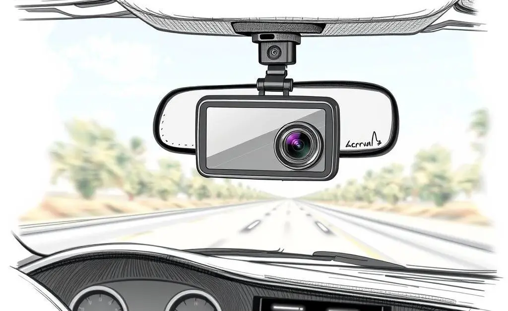 A hand-drawn image of a dashboard camera in a car recording footage.