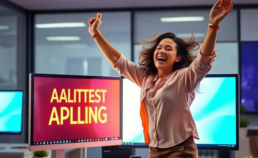 A person doing a joyful dance next to a computer screen displaying a data analyst job offer.