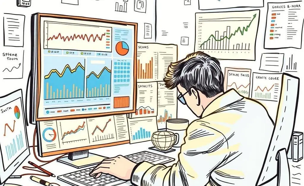 A data analyst working with data charts on a computer screen