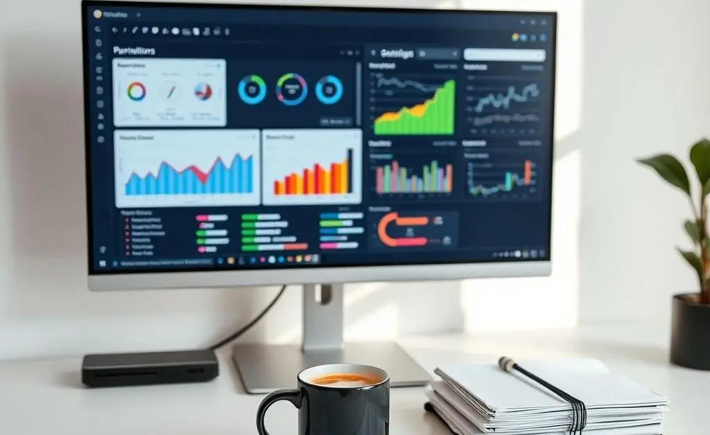 A clean workspace with a computer screen showing a data dashboard.
