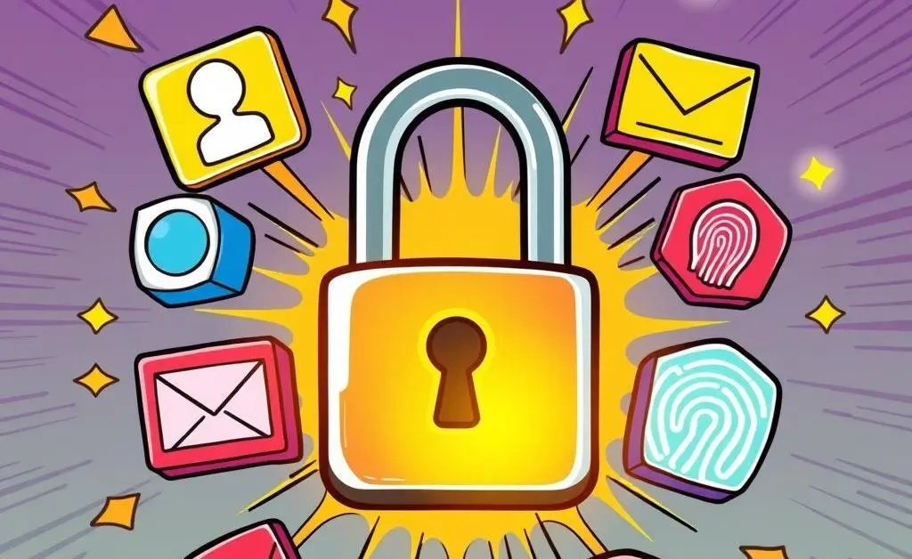 A digital lock symbol surrounded by personal data icons