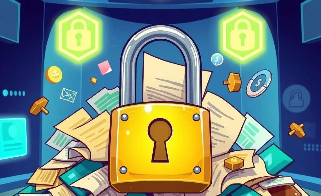 Illustration of data security with lock and financial documents