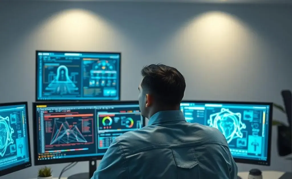 A serene scene with a person feeling calm while managing digital security.