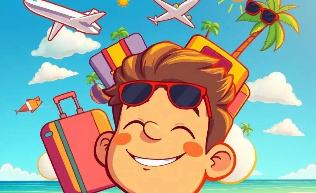 A cartoon-style person dreaming of a vacation, with travel icons like a plane and beach