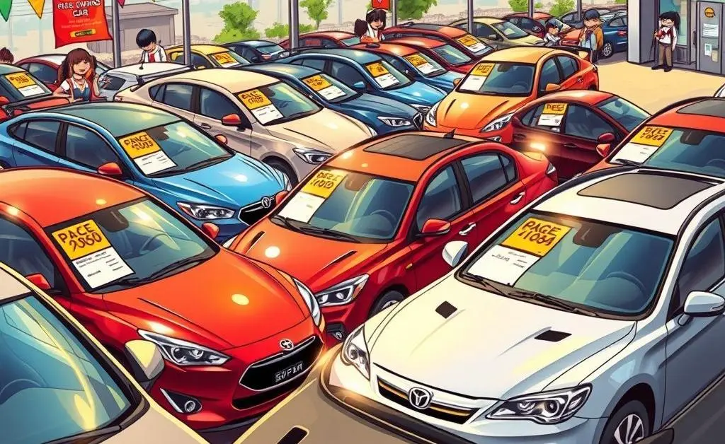Selection of used cars at a dealership with price tags visible.
