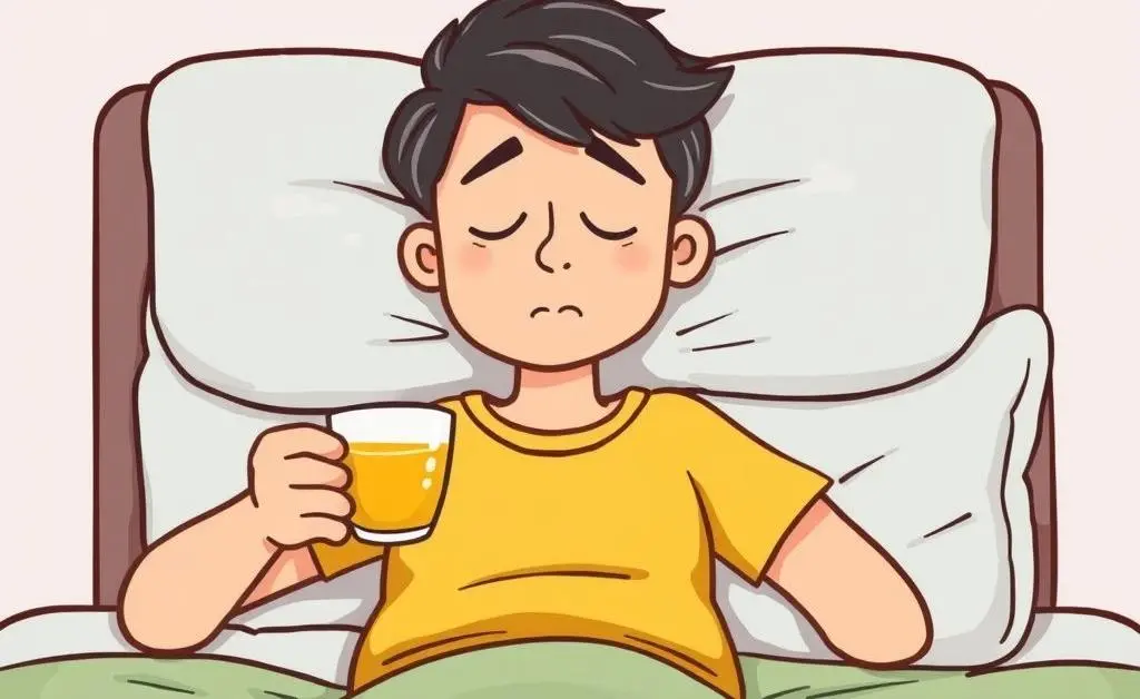 Cartoon-style image of someone relaxing with tea after an accident, showing stress management.